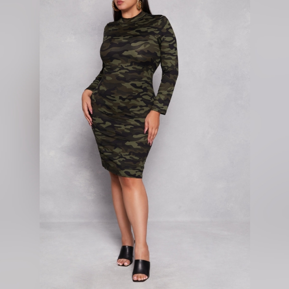 Camo mock neck midi dress